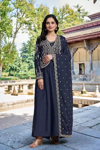 Trendmalls Women's Silk Embroidery Shrug Pleated Kurta Pant with Dupatta Set