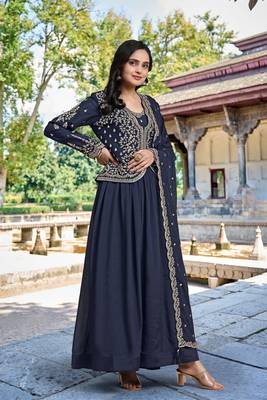 Trendmalls Women's Silk Embroidery Shrug Pleated Kurta Pant with Dupatta Set 7