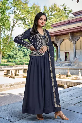 Trendmalls Women's Silk Embroidery Shrug Pleated Kurta Pant with Dupatta Set