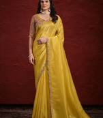 Mustard Crush Paper Silk Sequence With Handwork Saree With Stitched Blouse