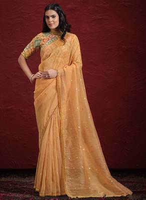 Orange Two Tone Jacquard Butti Tusser  Pure Cut Work Saree With Stitched Blouse 1