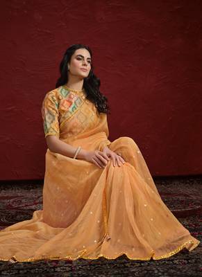 Orange Two Tone Jacquard Butti Tusser  Pure Cut Work Saree With Stitched Blouse 2