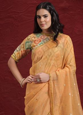 Orange Two Tone Jacquard Butti Tusser  Pure Cut Work Saree With Stitched Blouse 3