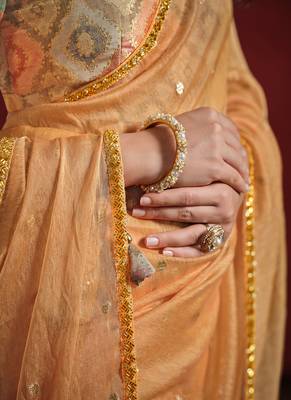 Orange Two Tone Jacquard Butti Tusser  Pure Cut Work Saree With Stitched Blouse 4