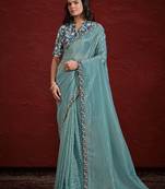Sea Green Paper Silk Pleat Moti With Handwork Saree With Stitched Blouse