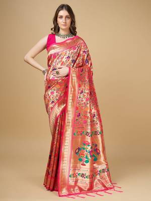 Pink Kanchipuram Silk Saree With Zari Waving Border And Designer Pallu With Blouse Piece For Women 1