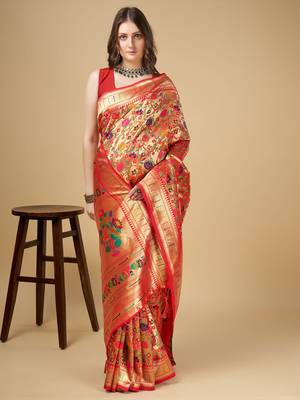 Red kanchipuram silk blend saree With Zari Waving Border And Designer Pallu With Blouse Piece For Women 1
