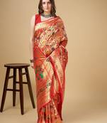 Red kanchipuram silk blend saree With Zari Waving Border And Designer Pallu With Blouse Piece For Women