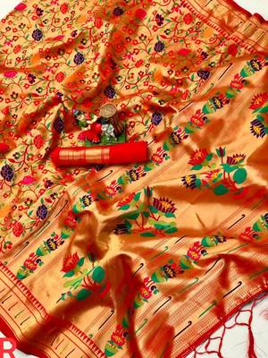 Red kanchipuram silk blend saree With Zari Waving Border And Designer Pallu With Blouse Piece For Women 2
