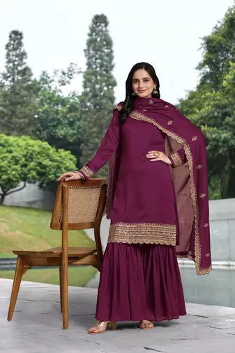 Trendmalls  Art Silk Embroidery Kurta Sharara Set with Dupatta