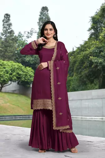 Trendmalls  Art Silk Embroidery Kurta Sharara Set with Dupatta