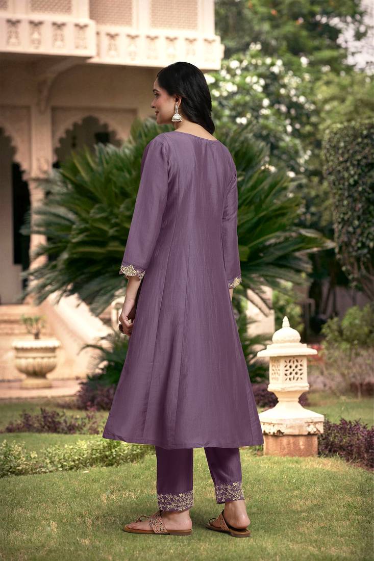  Silk Blend Embroidery Anarkali Kurta Pant Set with Dupatta