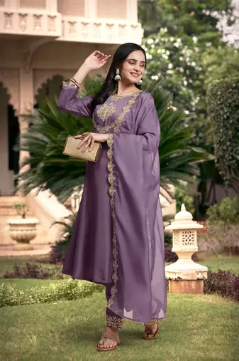 Trendmalls  Silk Blend Embroidery Anarkali Kurta Pant Set with Dupatta
