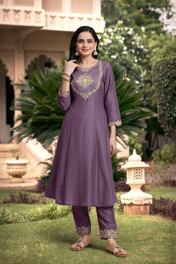  Silk Blend Embroidery Anarkali Kurta Pant Set with Dupatta