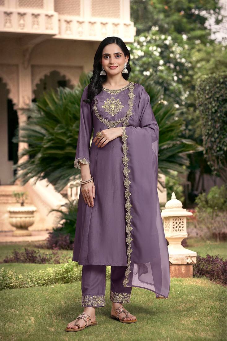  Silk Blend Embroidery Anarkali Kurta Pant Set with Dupatta