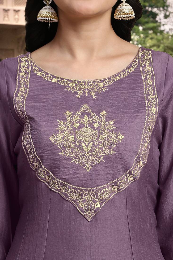  Silk Blend Embroidery Anarkali Kurta Pant Set with Dupatta