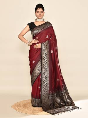 Elora pure soft silk floral designed banarasi weaving saree (maroon & black) 1