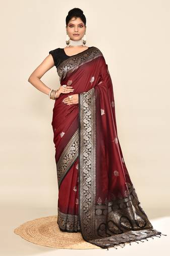 Elora pure soft silk floral designed banarasi weaving saree (maroon & black)