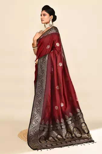 Elora pure soft silk floral designed banarasi weaving saree (maroon & black)
