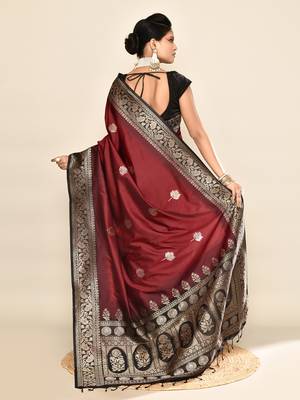 Elora pure soft silk floral designed banarasi weaving saree (maroon & black) 4