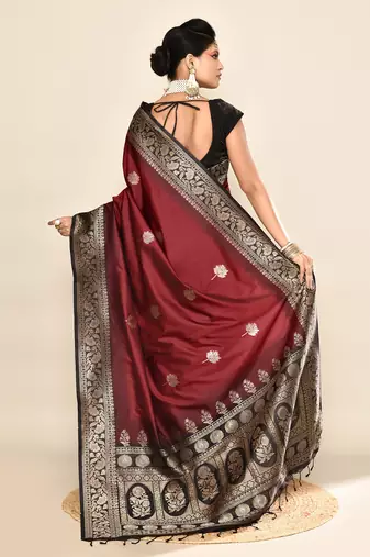 Elora pure soft silk floral designed banarasi weaving saree (maroon & black)