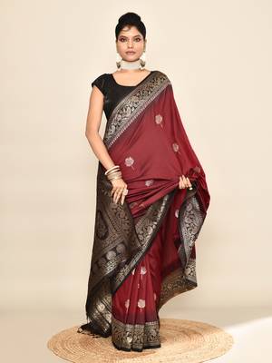 Elora pure soft silk floral designed banarasi weaving saree (maroon & black) 6