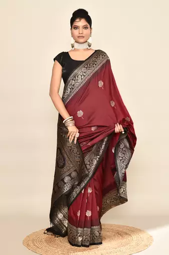 Elora pure soft silk floral designed banarasi weaving saree (maroon & black)