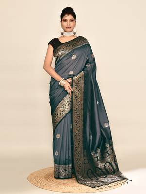 Elora pure soft silk floral designed banarasi weaving saree (grey & black) 1