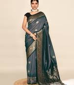 Elora pure soft silk floral designed banarasi weaving saree (grey & black)