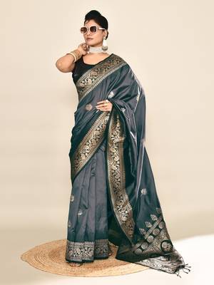 Elora pure soft silk floral designed banarasi weaving saree (grey & black) 3