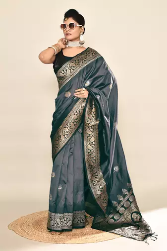 Elora pure soft silk floral designed banarasi weaving saree (grey & black)