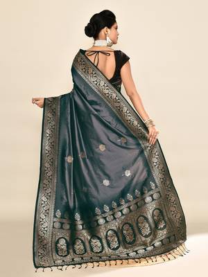 Elora pure soft silk floral designed banarasi weaving saree (grey & black) 4