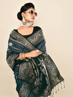 Elora pure soft silk floral designed banarasi weaving saree (grey & black) 5