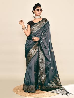 Elora pure soft silk floral designed banarasi weaving saree (grey & black) 6