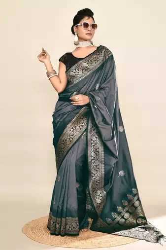 Elora pure soft silk floral designed banarasi weaving saree (grey & black)