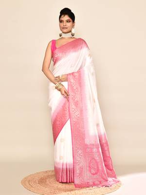 Elora pure soft silk floral designed banarasi weaving saree (white & rani pink) 1