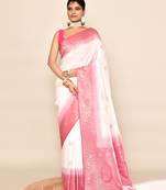 Elora pure soft silk floral designed banarasi weaving saree (white & rani pink)