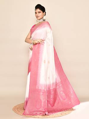 Elora pure soft silk floral designed banarasi weaving saree (white & rani pink) 3