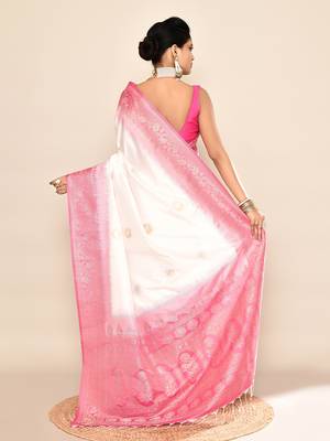Elora pure soft silk floral designed banarasi weaving saree (white & rani pink) 4
