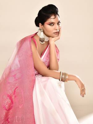 Elora pure soft silk floral designed banarasi weaving saree (white & rani pink) 5