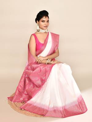 Elora pure soft silk floral designed banarasi weaving saree (white & rani pink) 6