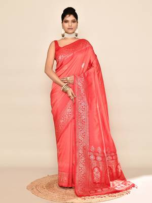 Elora pure soft silk floral designed banarasi weaving saree (peach & red) 1