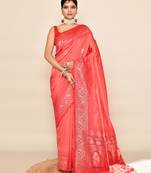 Elora pure soft silk floral designed banarasi weaving saree (peach & red)