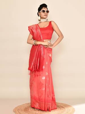 Elora pure soft silk floral designed banarasi weaving saree (peach & red) 3