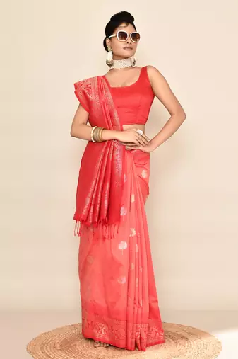 Elora pure soft silk floral designed banarasi weaving saree (peach & red)