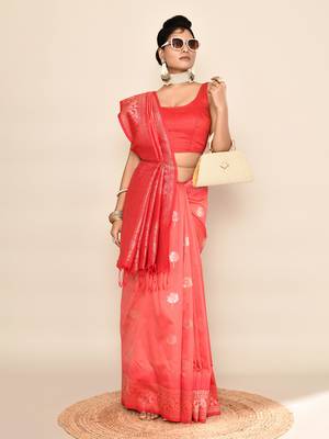 Elora pure soft silk floral designed banarasi weaving saree (peach & red) 4