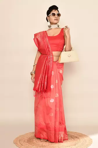 Elora pure soft silk floral designed banarasi weaving saree (peach & red)