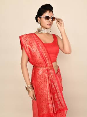 Elora pure soft silk floral designed banarasi weaving saree (peach & red) 5