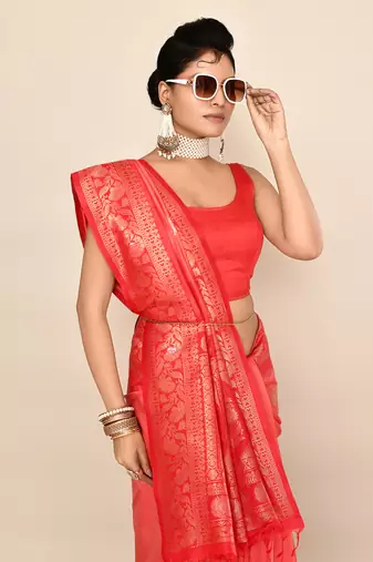 Elora pure soft silk floral designed banarasi weaving saree (peach & red)