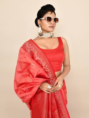 Elora pure soft silk floral designed banarasi weaving saree (peach & red) 6